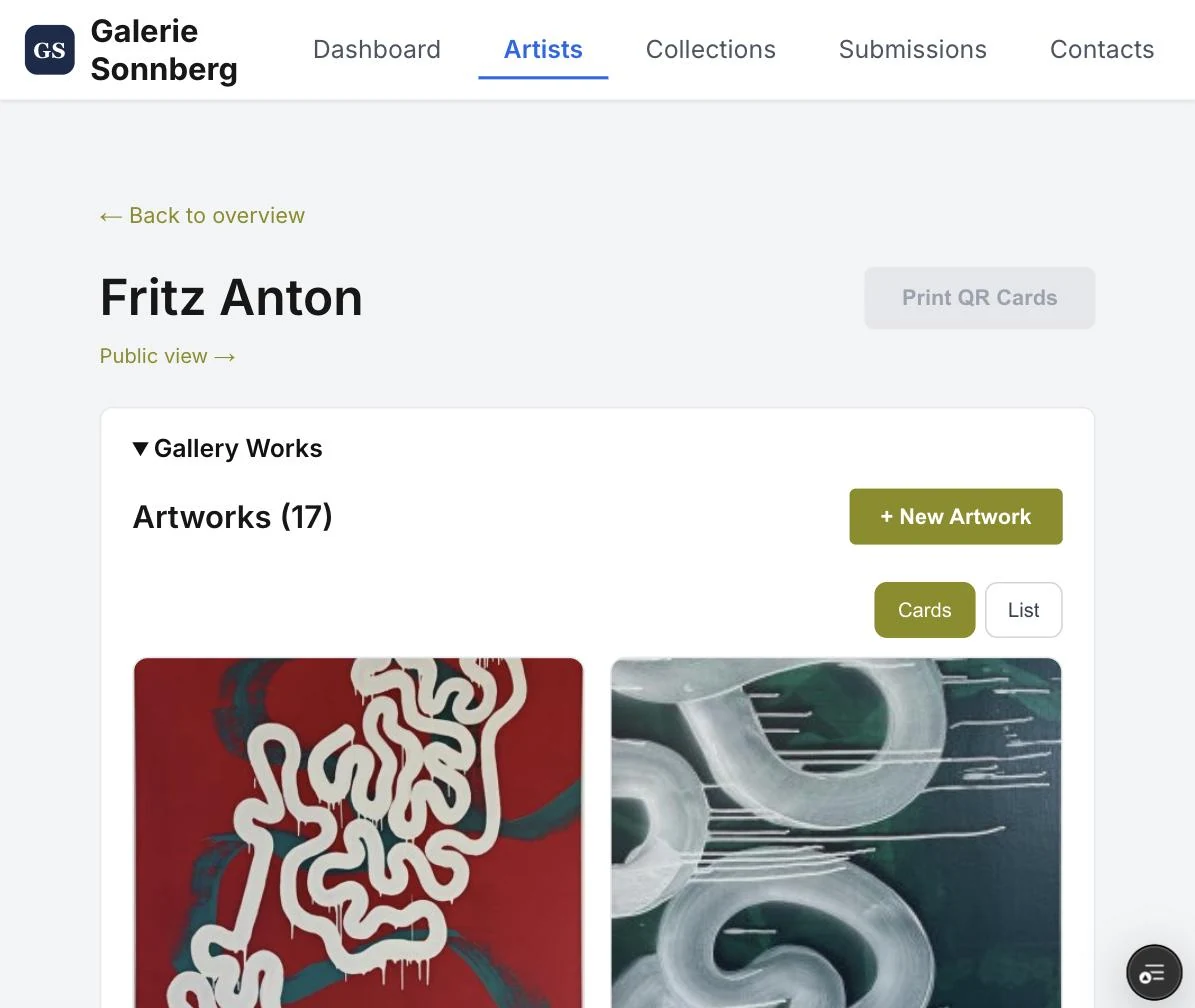 Gallery Manager Präsentationsebene Gallery Manager – Künstlerseite mit Werken